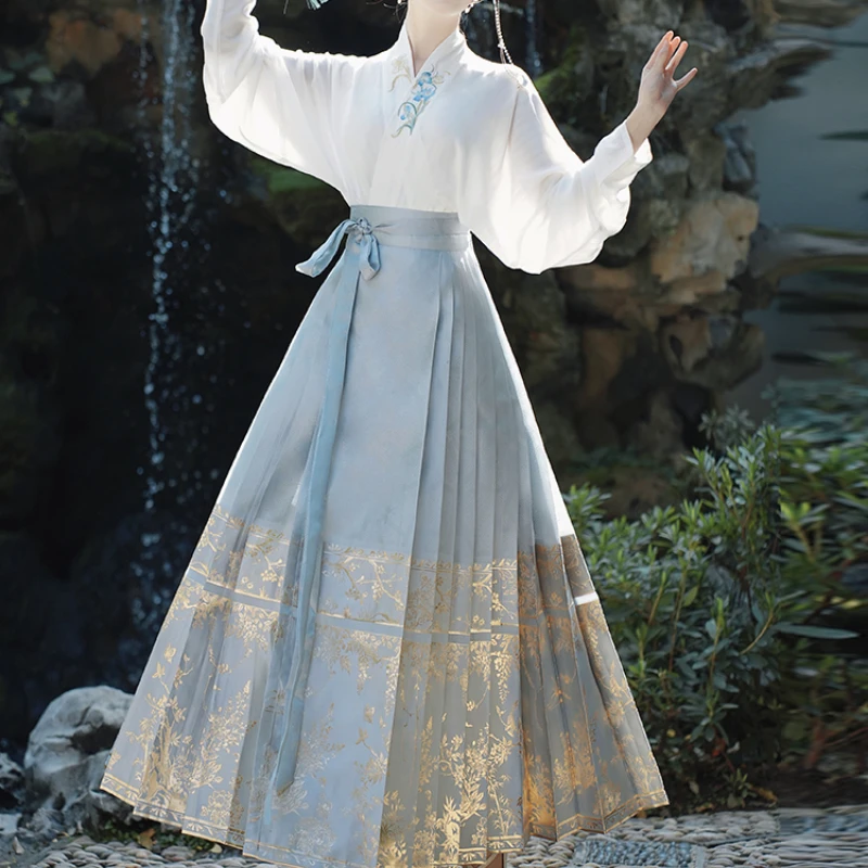 

Jacquard shiny printing gauze horse face skirt Hanfu daily five-color autumn light and light set