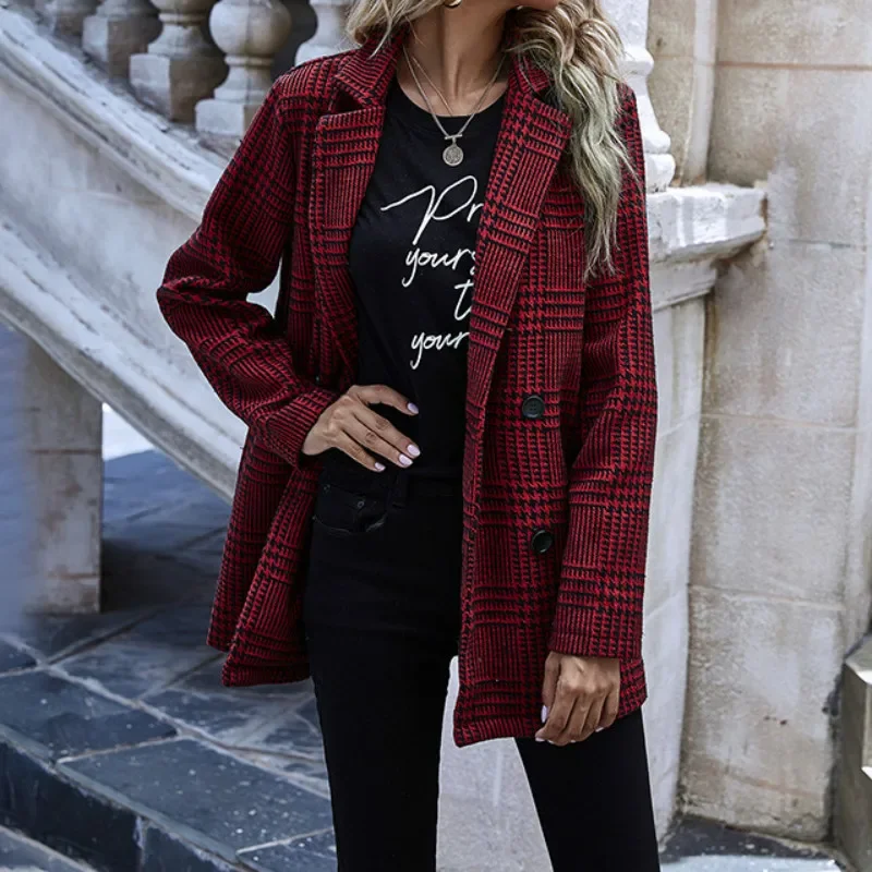 Winter Houndstooth Plaid Turn Down Coat Ladies Fashion Button Long Sleeved Commuting Overcoat Women Autumn Spring Suit Jacket