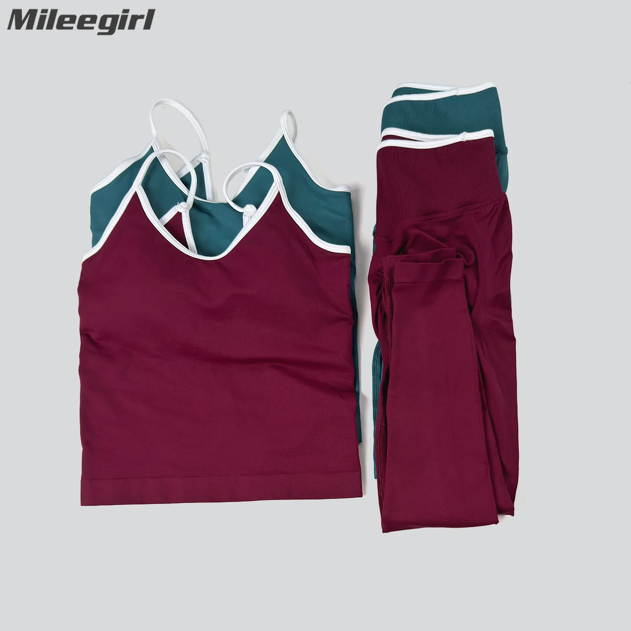 

Mileegirl 2pcs Women Yoga Pants Sets Color Contrast Sports Tank Top Ignite Cami Tops with Pads Sculpt Srunch Butt Gym Leggings