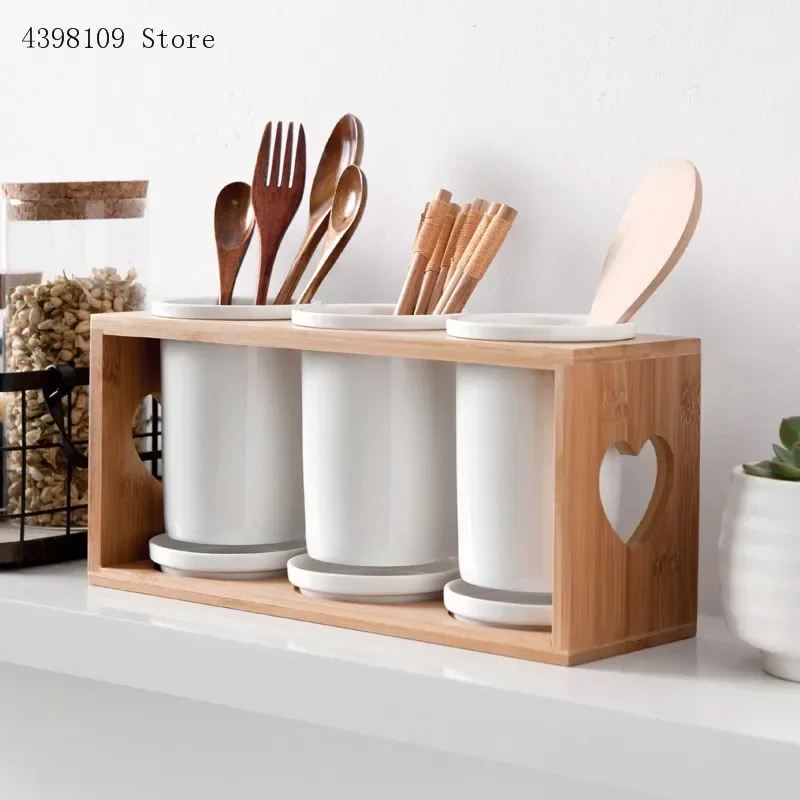 Ceramic Chopsticks Tube Storage Rack Spoon Chopsticks Storage Tube Set Knife and Fork Multi-function Storage Box Kitchen Tools