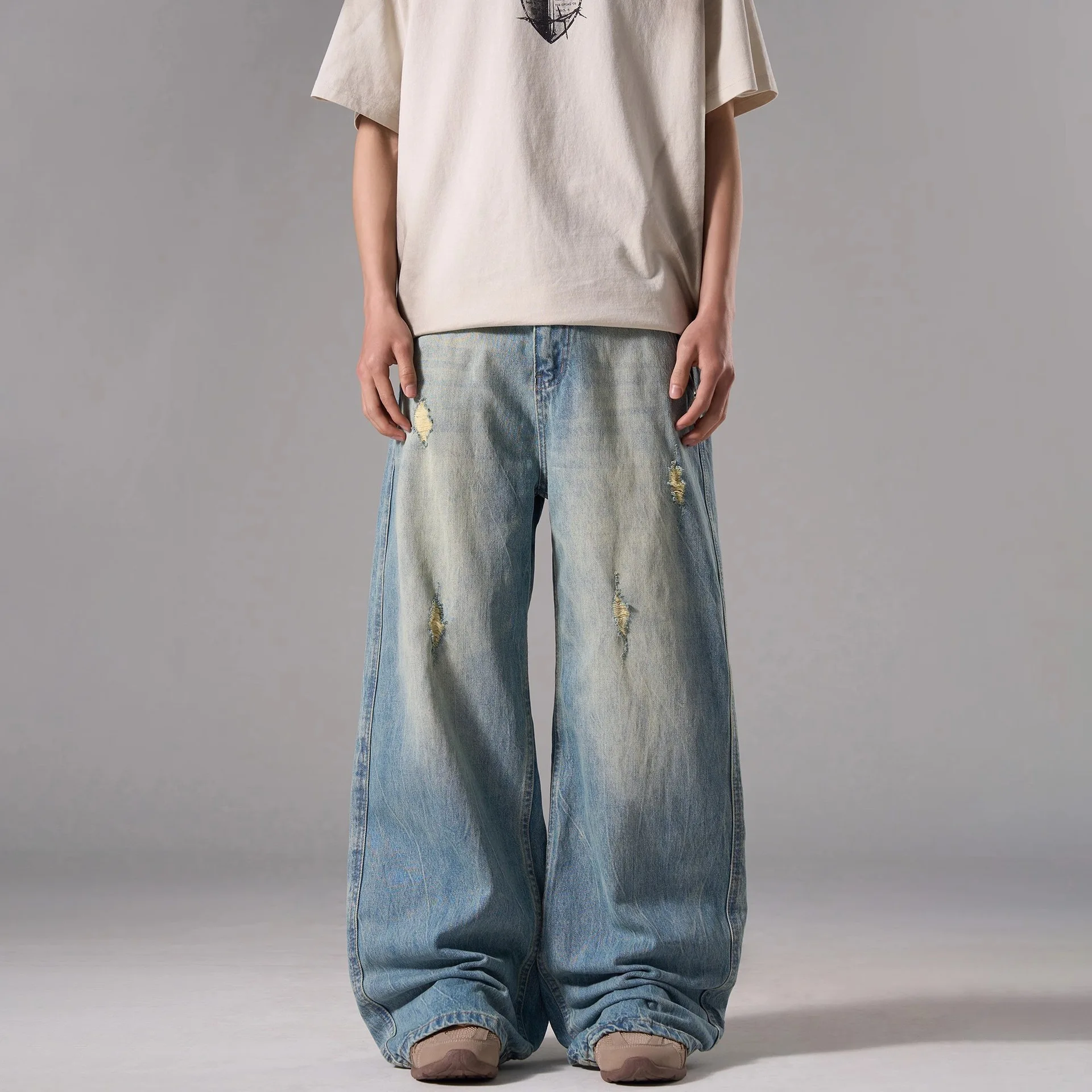 

American Vintage 2026 New Fashion Men's Loose Wide Leg Hole Patched Straight Denim Trousers High Street Male Jeans Pants Clothes