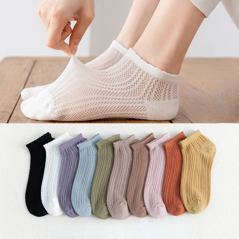 

5 Pairs Mesh Socks for Women Low Cut No Show Ankle Black White Thin Woman Summer Short Boat Calcetines Breathable Solid Color