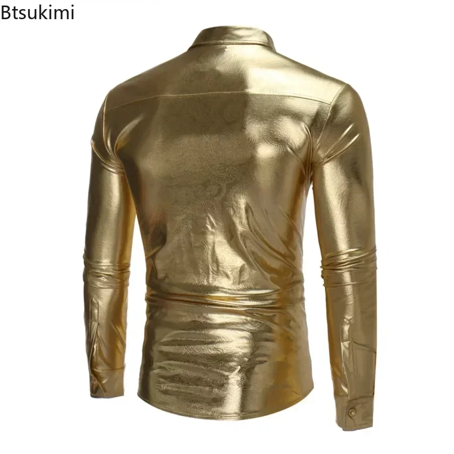 2024 Men's Metallic Glossy Shirts Nightclub Party Shiny Shirts Vintage Disco Costume Fashion Prints Casual Perform Clothing Men