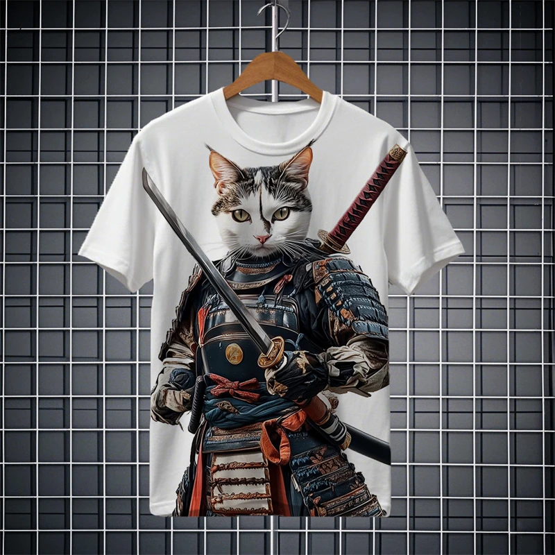 Fashion Japanese Samurai Cat  3D Print Men's short Sleeve T-shirt Fashion festival Crew Neck t shirt Tops polyester Men Clothing