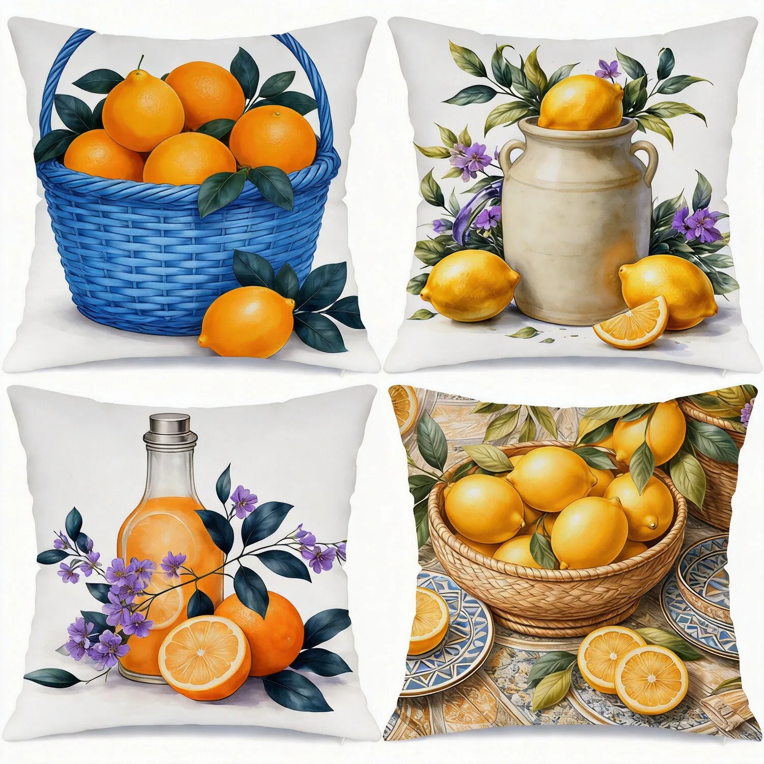 Kitchen Fruit Pattern Throw Pillow Cover, Mediterranean Citrus Home Decor Accent Cushion for Farmhouse Rustic Style
