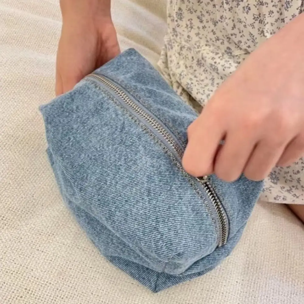 

Solid Color Blue Denim Makeup Bag Korean Style Travel Organizer Student Pencil Bag Zipper Rectangle Stationery Storage Bag