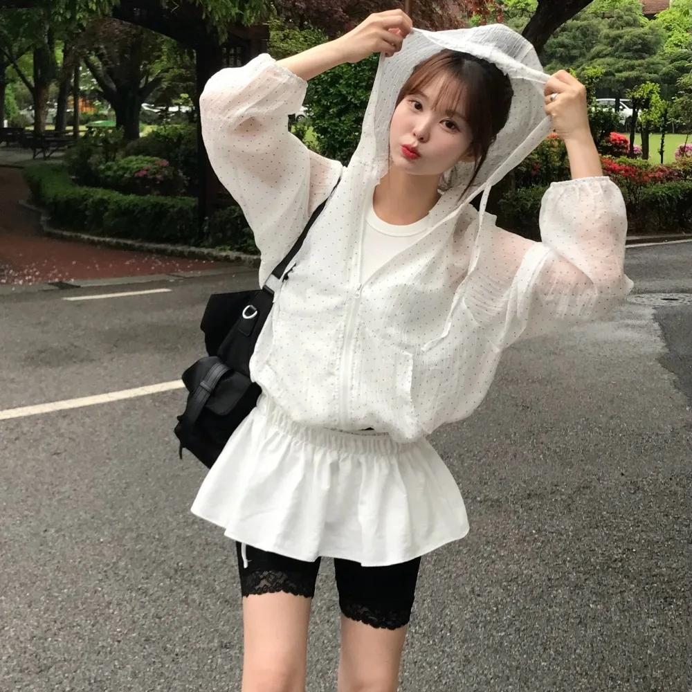 Casual Polka Dot Sun Protection Jacket Loose Fit Thin Hooded Jacket Breathable Long Bubble Sleeve Quick Dry Jacket
