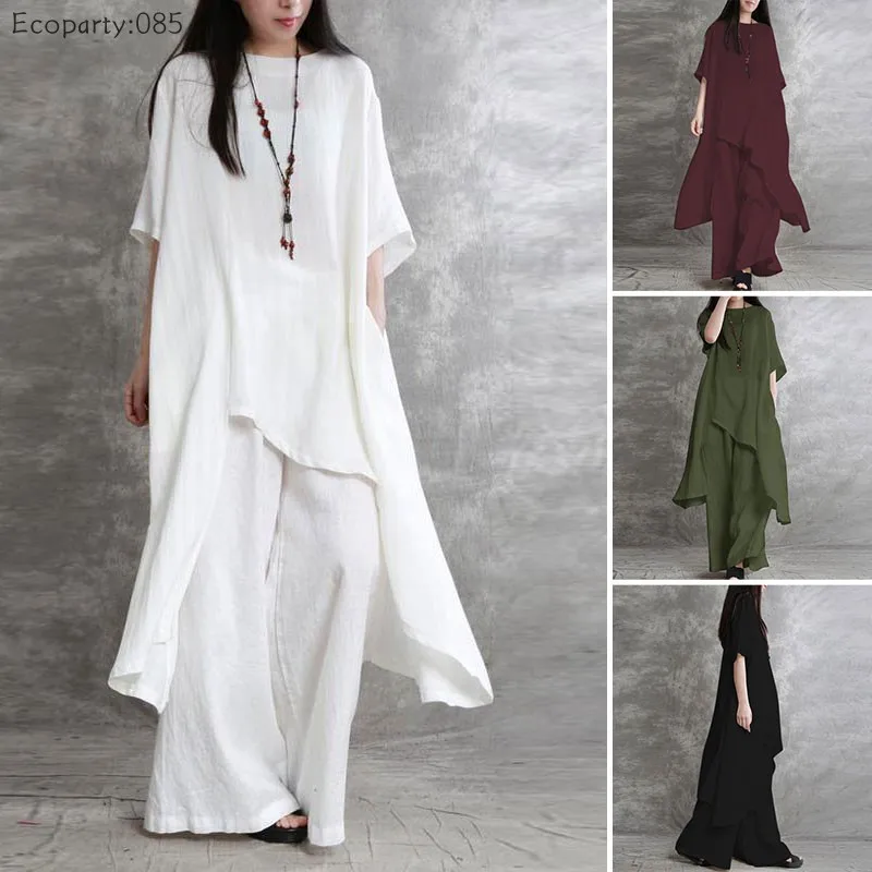 Spring Summer Women's Cotton Linen 2-piece Sets Large Size Casual Wear Suit Short-Sleeved O-Neck Top Wide Leg Pants Suits 2026