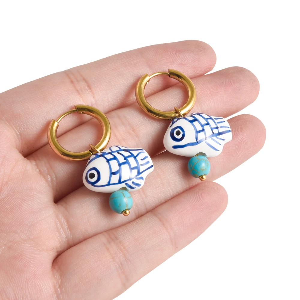 1 Pair Chic Colorful Ceramic Hand-painted Fish Charms Stainless Steel Earrings Hoop Huggies Women Girls Jewelry Accessories Hoop