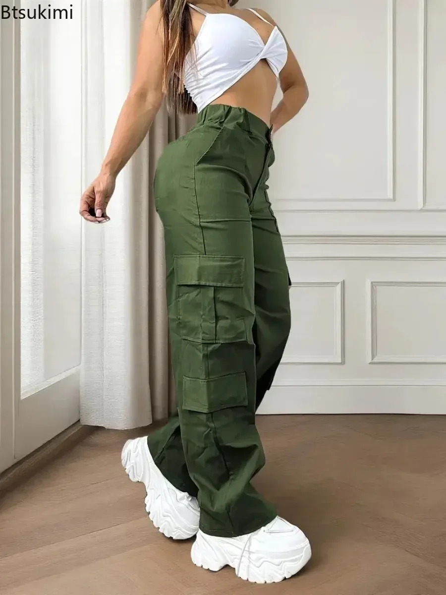 Women Solid Color High Waisted Elastic Work Pants New Fashionable Multiple Pockets Loose Pants Daily Street Outdoor Hiking Pants