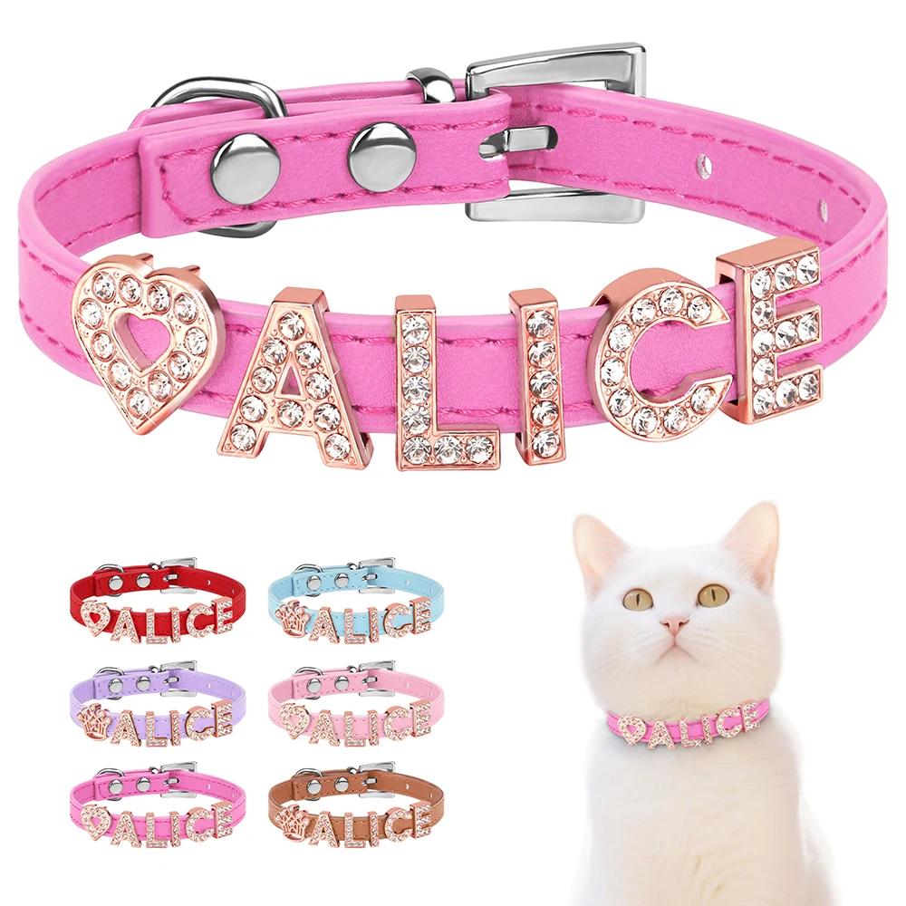 

Personalized Cat Collar Anti-lost Puppy Cat Name Collars Bling Rhinestone Letters Heart Paw Crown Charms Pet Accessories Pink