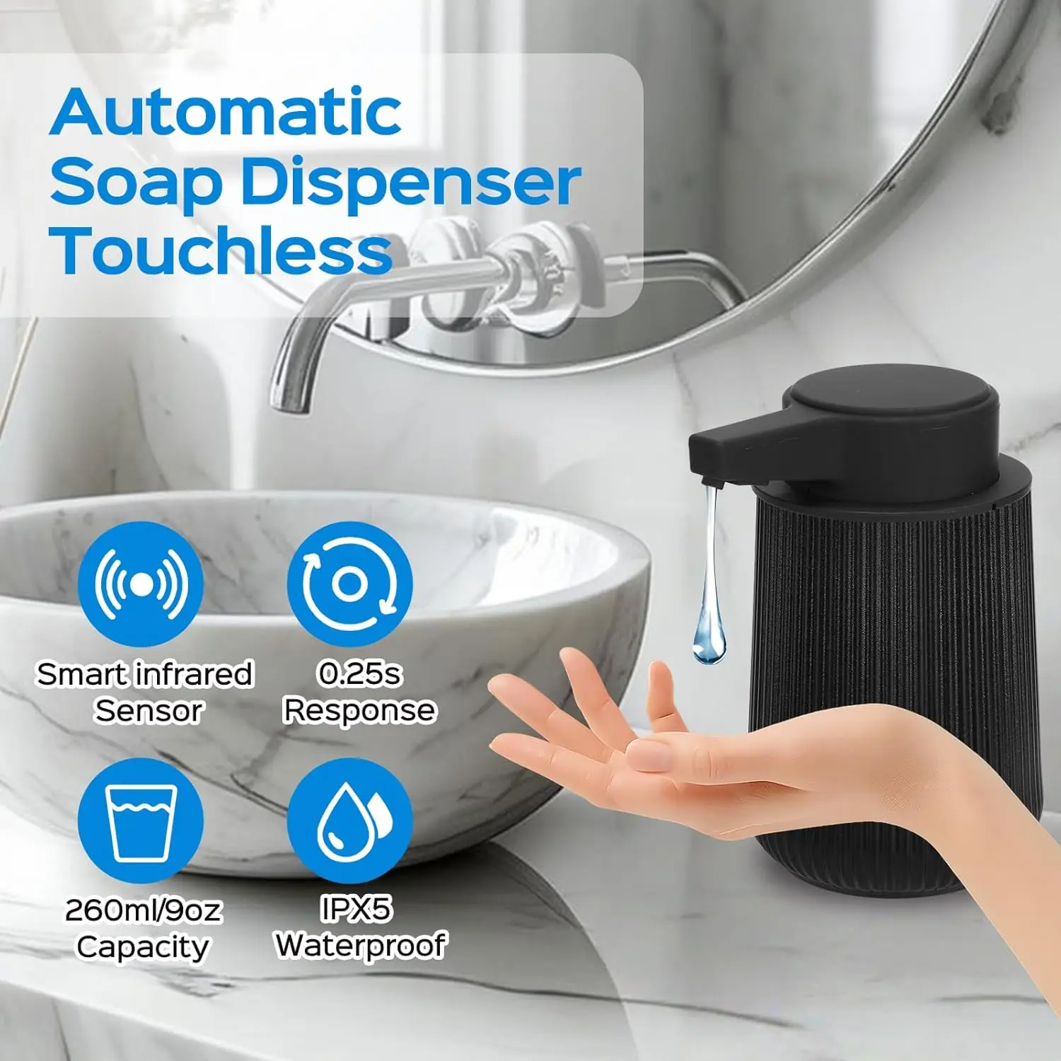 RPMTUK Automatic Soap Dispenser Liquid Touchless, 9 Oz Hand Soap Dispenser with Adjustable Volume for Kitchen, Dish, Bathroom, B