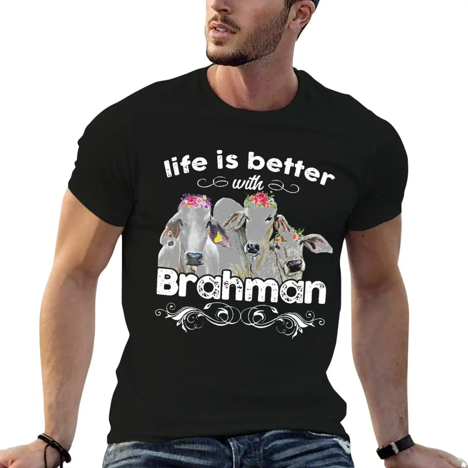 تي شيرت Life Is Better With Brahman Flower للرجال، تي شيرت أبيض للرجال، تي شيرت قطني