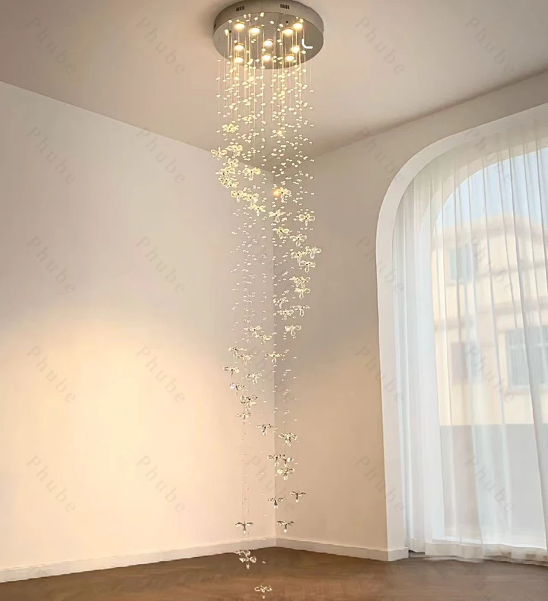 

Duplex Staircase Crystal Flower Chandeliers Long Spiral Hanging lamp For Foyer hallway Lobby Decor Large Cristal Pendant light