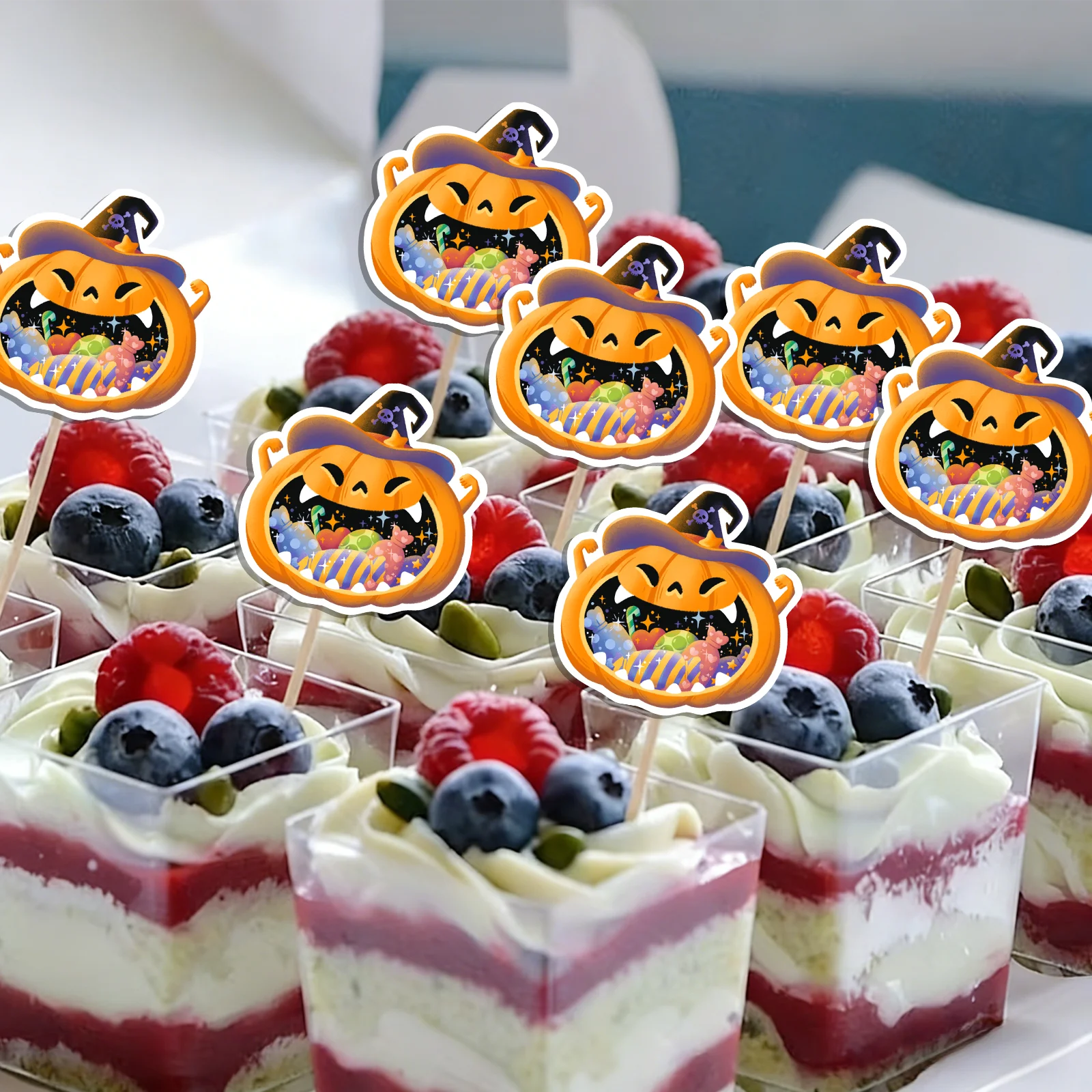 Halloween Pumpkin Cupcake Toppers, Witch Hat Jack O Lantern Cake Picks, Spooky Dessert Decor for Kids Halloween Party view 5