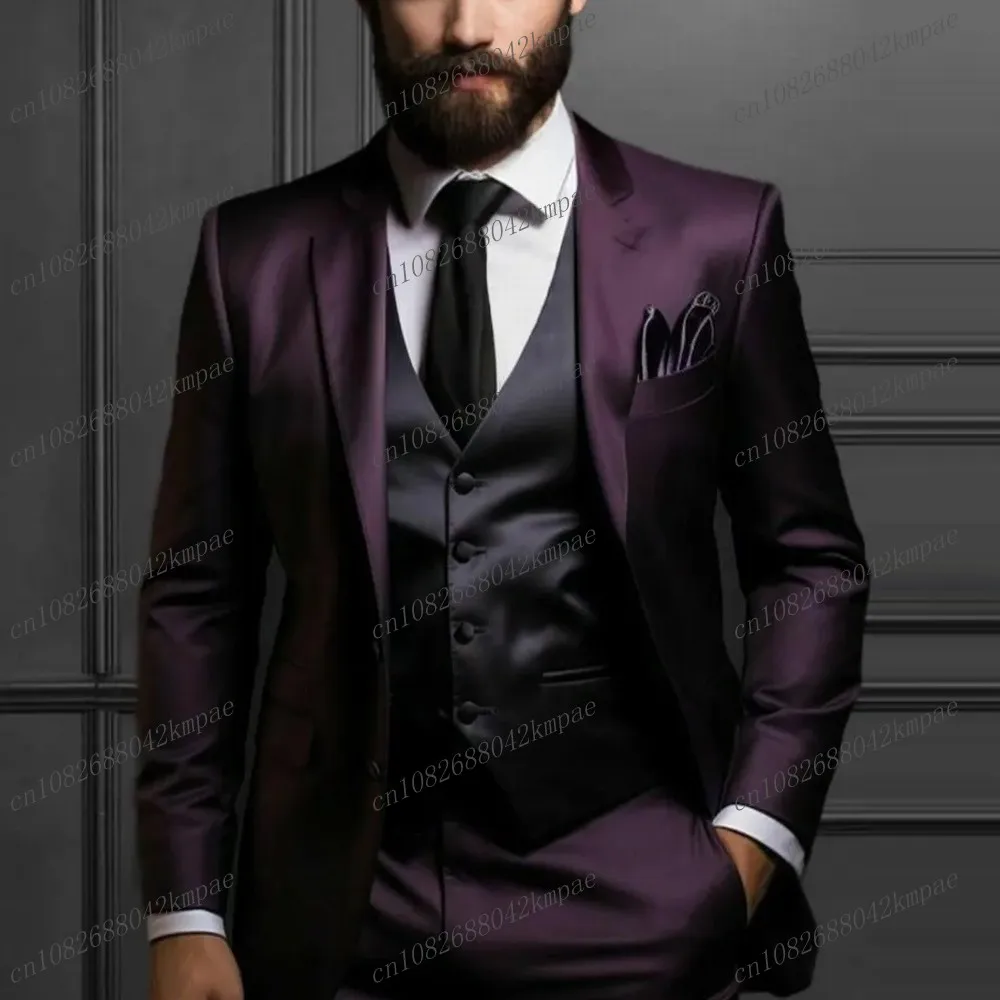 

Acetate Satin Purple And Black Formal Men Suit Groom Groomsman Wedding Party Prom Business Male Tuxedos 2 Piece Set Blazer Pants