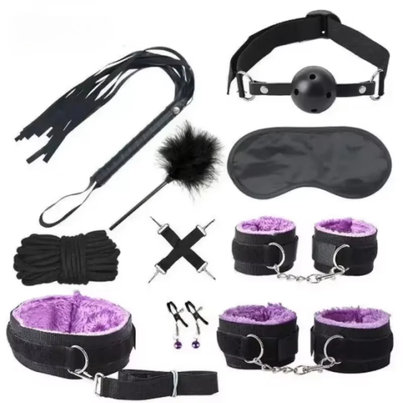 Adult SM BDSM Bondage Set with Leather Plush Handcuffs Feather Eye Mask Plush Restraints for Flirty Couple Sex Games