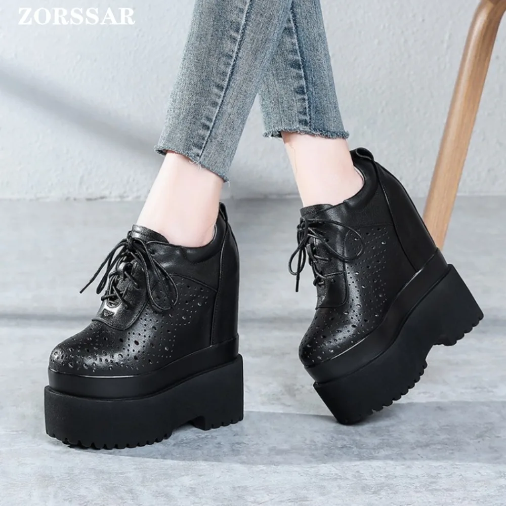 16cm Genuine Leather Platform Hidden Wedge Pumps Chunky Sneaker White Casual Shoes Comfortable Breathable Spring Autumn Shoes