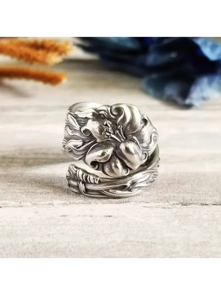 *خاتم زهرة اللوتس الرجعية للرجال والنساء فضية اللون الشرير القوطية خاتم قابل للتعديل خمر اليدوية للجنسين مجوهرات اكسسوارات هدية