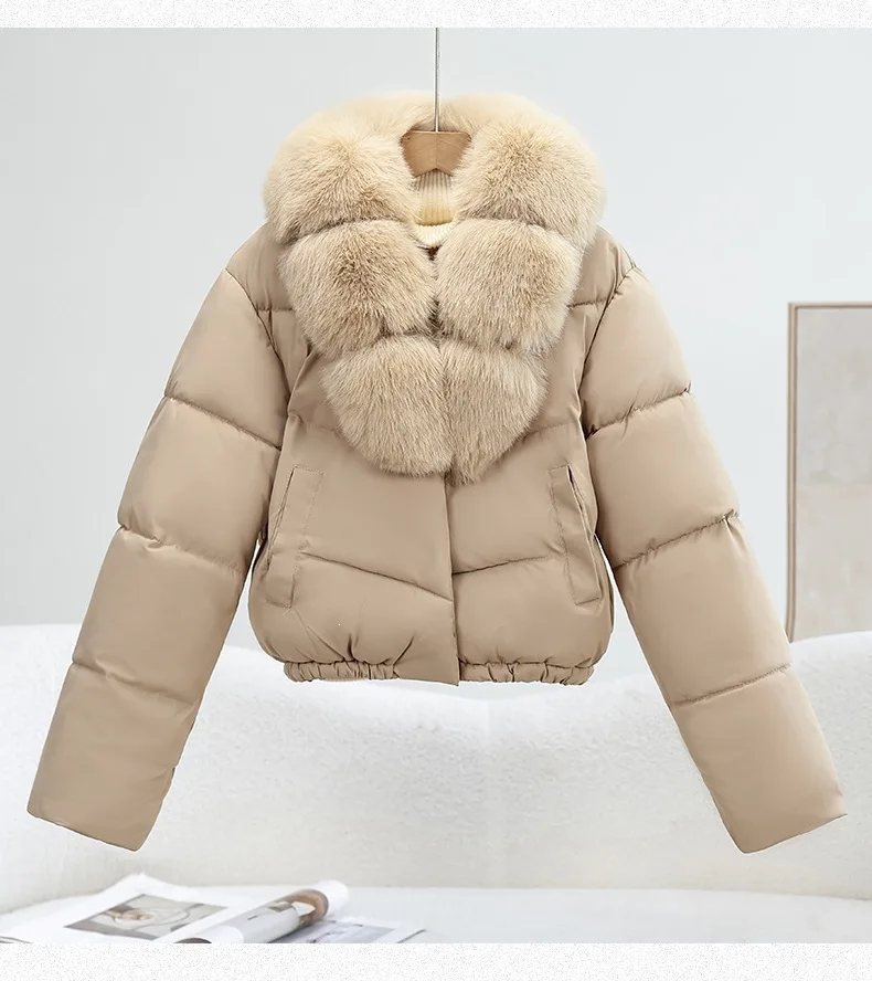 Korean Trend 2026 Winter New Women's Solid Color Short Down Cotton Jacket Simple V-neck Fashion Loose Fur Collar Jacket
