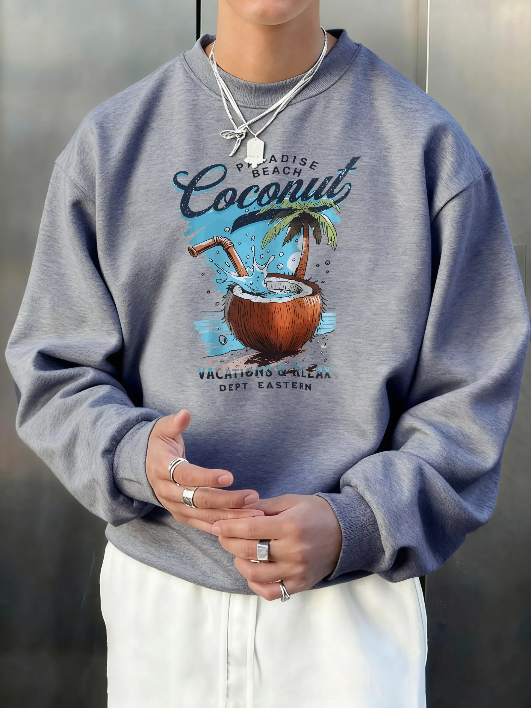 Pardise Beach Cocount Vacation Relax Printed Men Sweatshirt Trendy O-Neck Long Sleeve Comfy Soft Pullovers Fleece Autumn Clothes