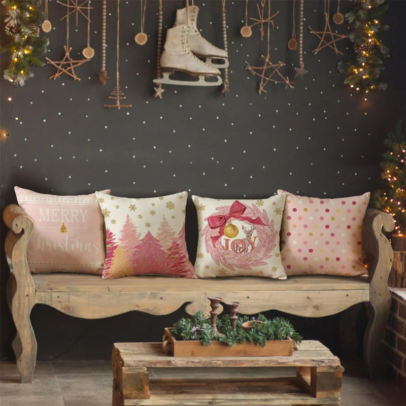 Pink gold snowflake Christmas tree pillow set 4-piece winter vacation cushion set sofa polka dot decoration