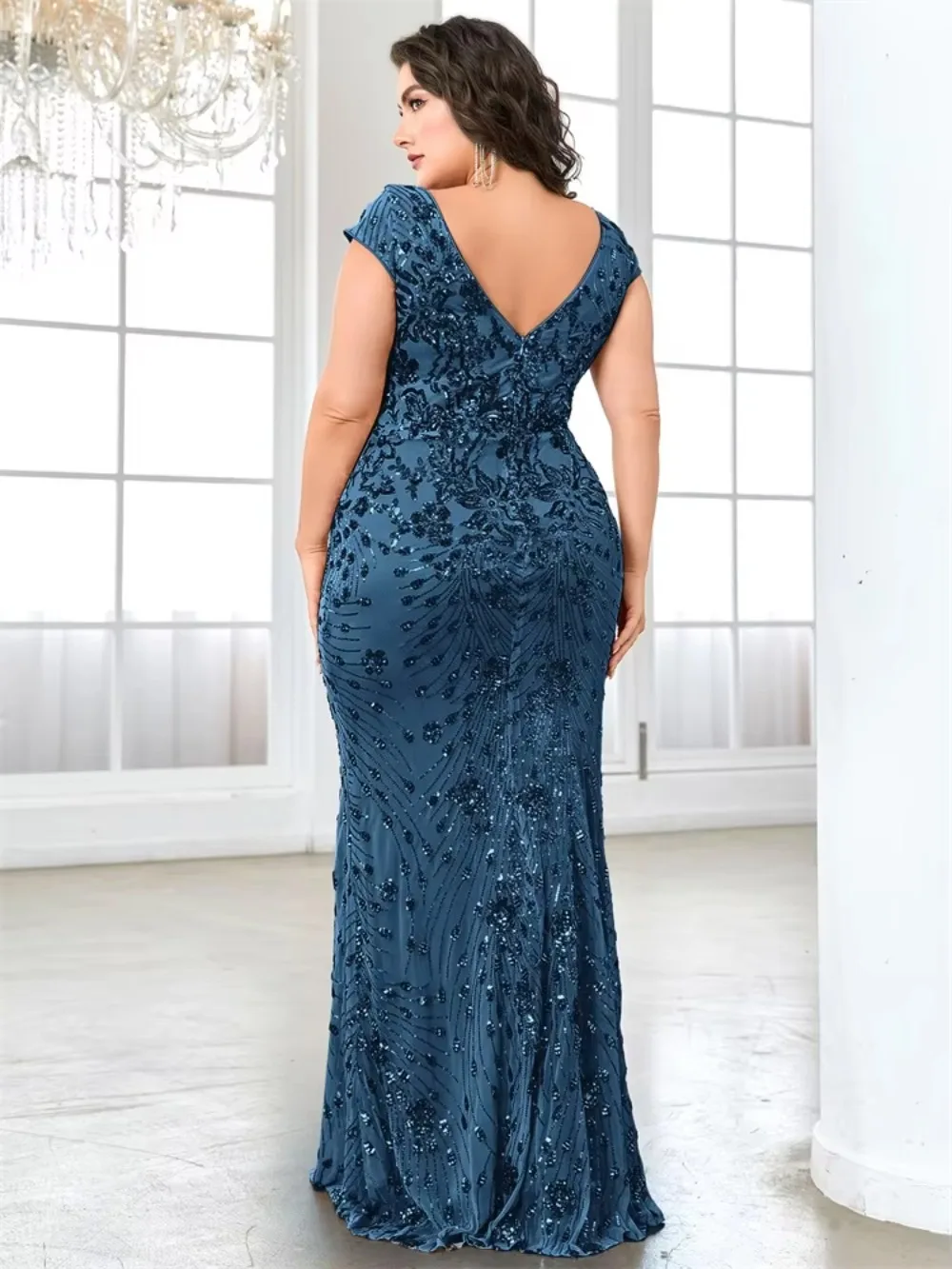 Customized Dark Blue Sequin Mermaid Evening Dress V Neck Cap Sleeve Beaded Long Formal Prom Wedding Guest Party Dress Plus Size