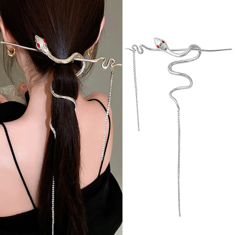 Snake Hairpin Hair Stick Winding Twine Warp Long Tassel Snake Hair Punk Style Hairpin Chinese Rhinestone Headwear