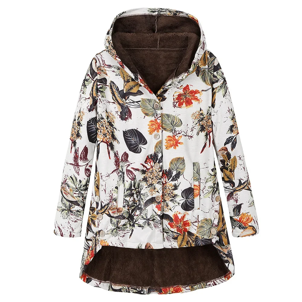 Women's Outerwear Autumn Winter Threaded Long Sleeved Hooded Thickened Plush Cotton Jacket Retro Floral Print Hooded Jacket Top