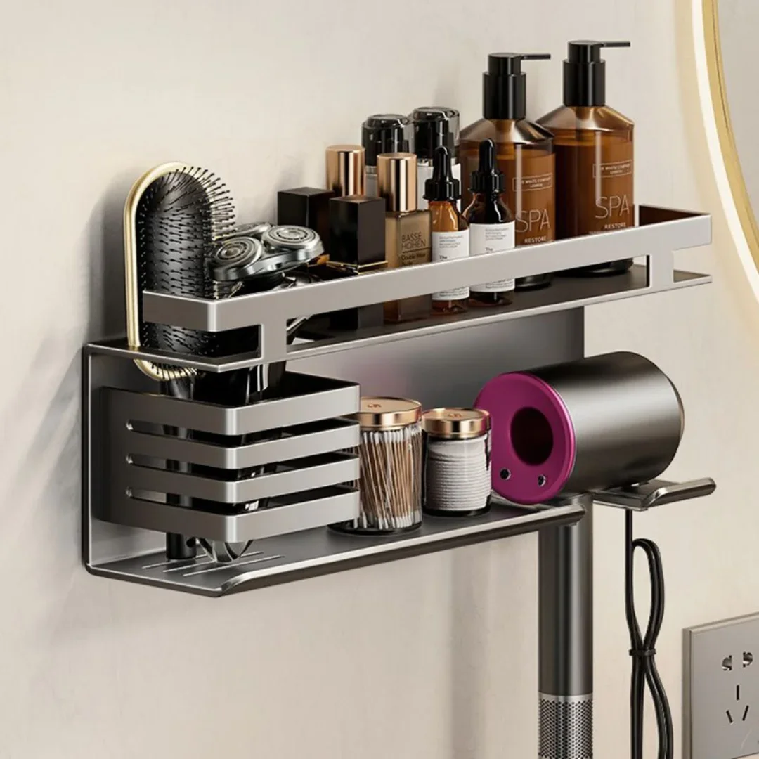 Gray Bathroom Shelf with Hair Dryer Holder Aluminum Bathroom Storage Holder  Hairdryer Organizer Box Toilet Blower Holder Shelf