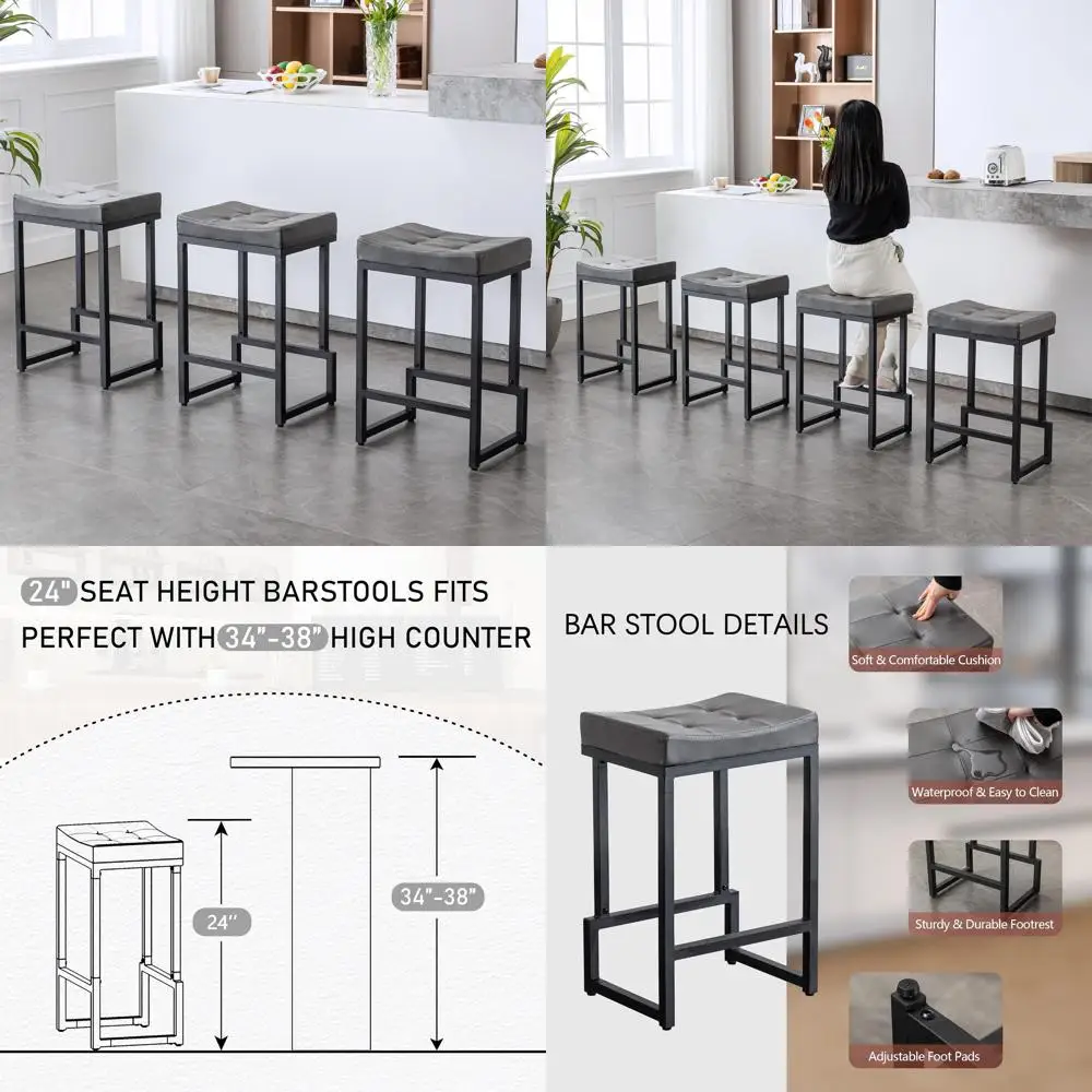 Set of 3 24 Counter Height Saddle Barstools, Backless Faux Leather Kitchen Island Stools with Metal Base