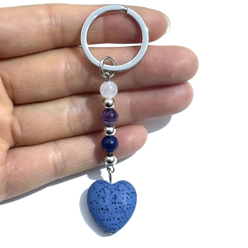 Porte-clés en pierre de lave en forme de cœur avec perles Chakra, diffuseur d'huiles essentielles DIY, accessoires de bijoux bohèmes pour hommes et femmes