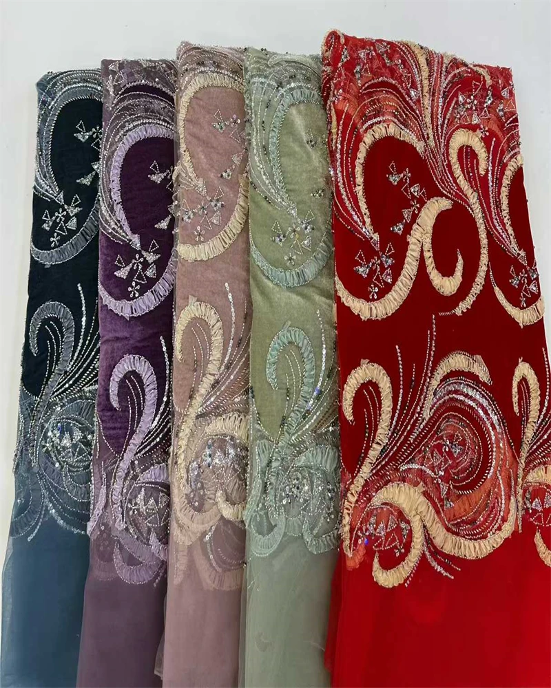Fashion French Embroidery Velvet Lace Fabric African Nigerian Sequin Lace Fabric For Wedding Dress