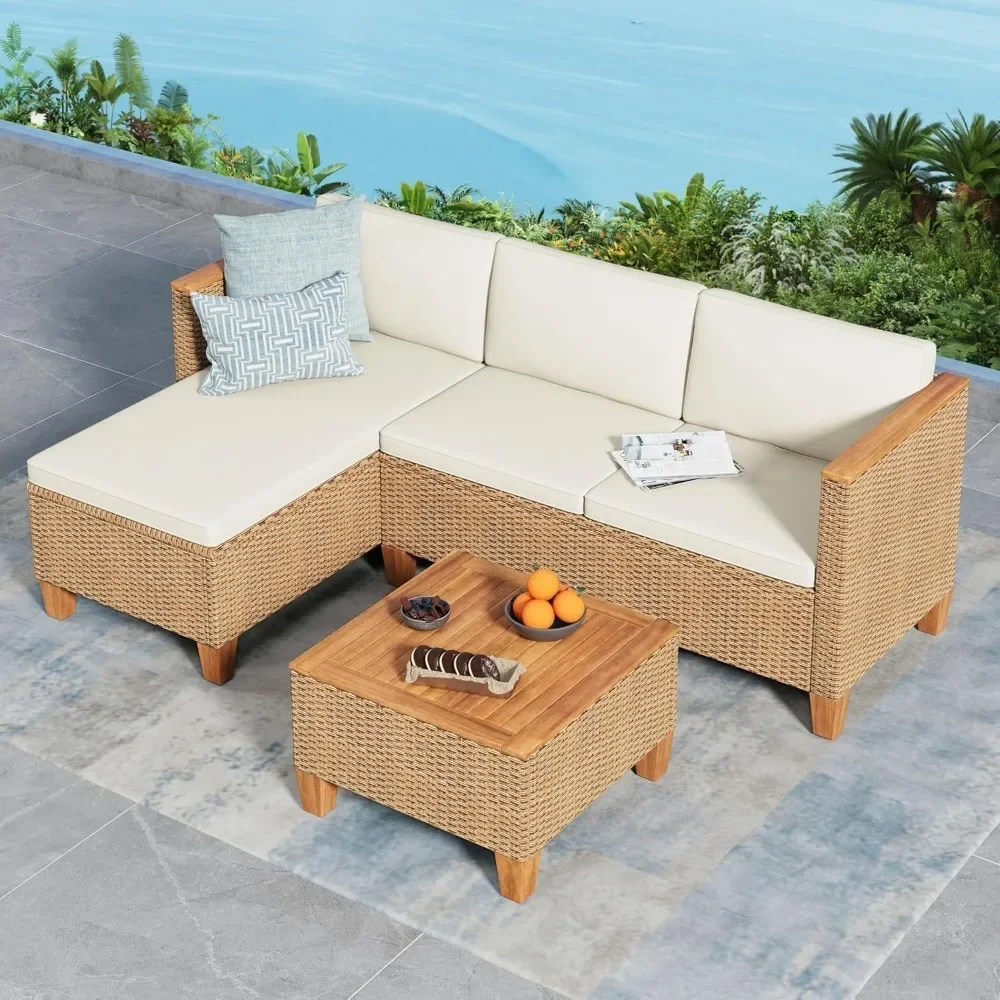 

Small Patio Furniture Set, 3 Piece Wicker Outdoor Patio Conversation Set, Outside L-Shaped Sectional Sofa Couch with Chaise