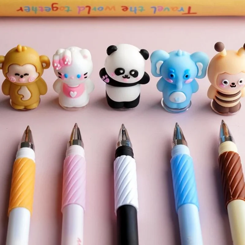 6er-Pack mit zufällig ausgewählten, gelblichen Stiften im Cartoon-Stil, die sich abwischen lassen und Silikonspitzen haben, ein komplettes Set für Schüler, farbenfrohe Stifte zum Schreiben in Tagebüchern, Schreibwaren für Schüler, blaue Tinte, sorgt für ein flüssiges Schreibgefühl und einen gleichmäßigen Tintenfluss. – Detail 5