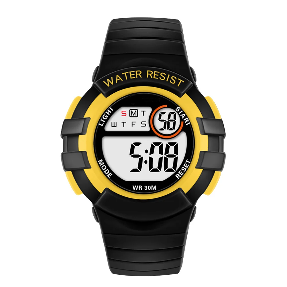 

Ночное свечение Водонепроницаемые цифровые часы Черный корпус Желтый круг Спортивная сигнализация Секундомер Дата Неделя Дисплей ТПУ