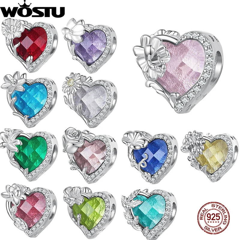 

WOSTU 925 Sterling Silver Birthstone Heart Bead Colorful Zircon Charm Fit Original Bracelet Monthly Gifts DIY Jewelry Making