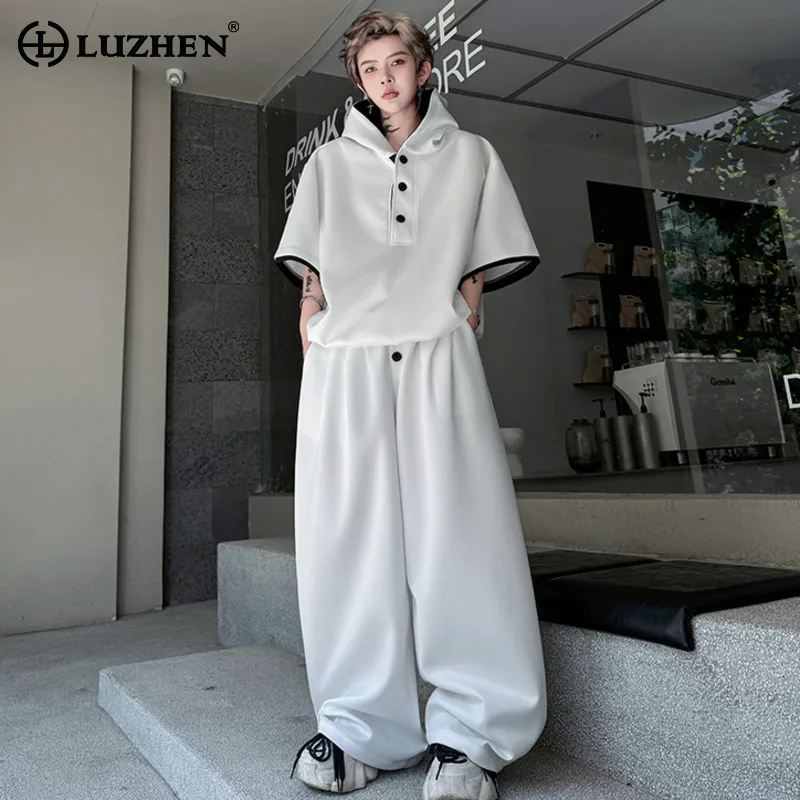 

LUZHEN Summer Original Two-piece Sets 2025 New Fashion Handsome Loose Wide Leg Casual Pants Men Short Sleeve Hooded Tops JY2219