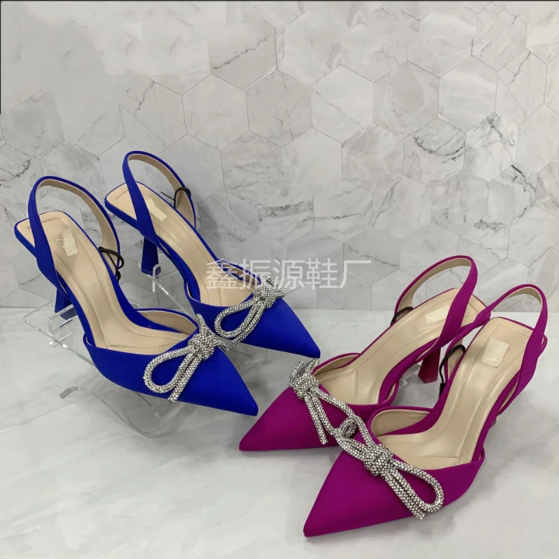 TSTCTB 2023 Woman Sparkly Bow Heels Fashion Bling Transparent Pointed Toes Sandals Elegant Slingback Crystal Female Party Pumps