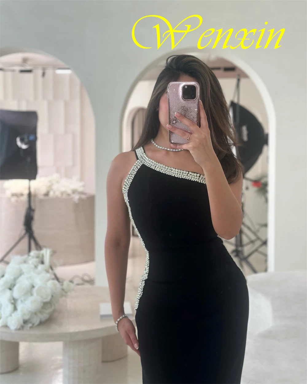 Robe De soirée en Jersey noir moderne, personnalisée, asymétrique épaule dénudée, robes De soirée De luxe avec traîne De balayage