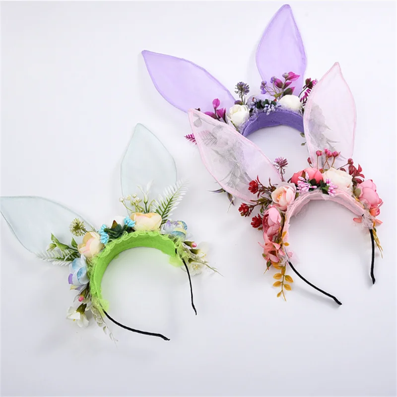 

Милая повязка на голову с кроличьими ушками, сетчатая цветочная гирлянда, игривая повязка с имитацией цветов и кролика, аксессуар для волос для фотосессий