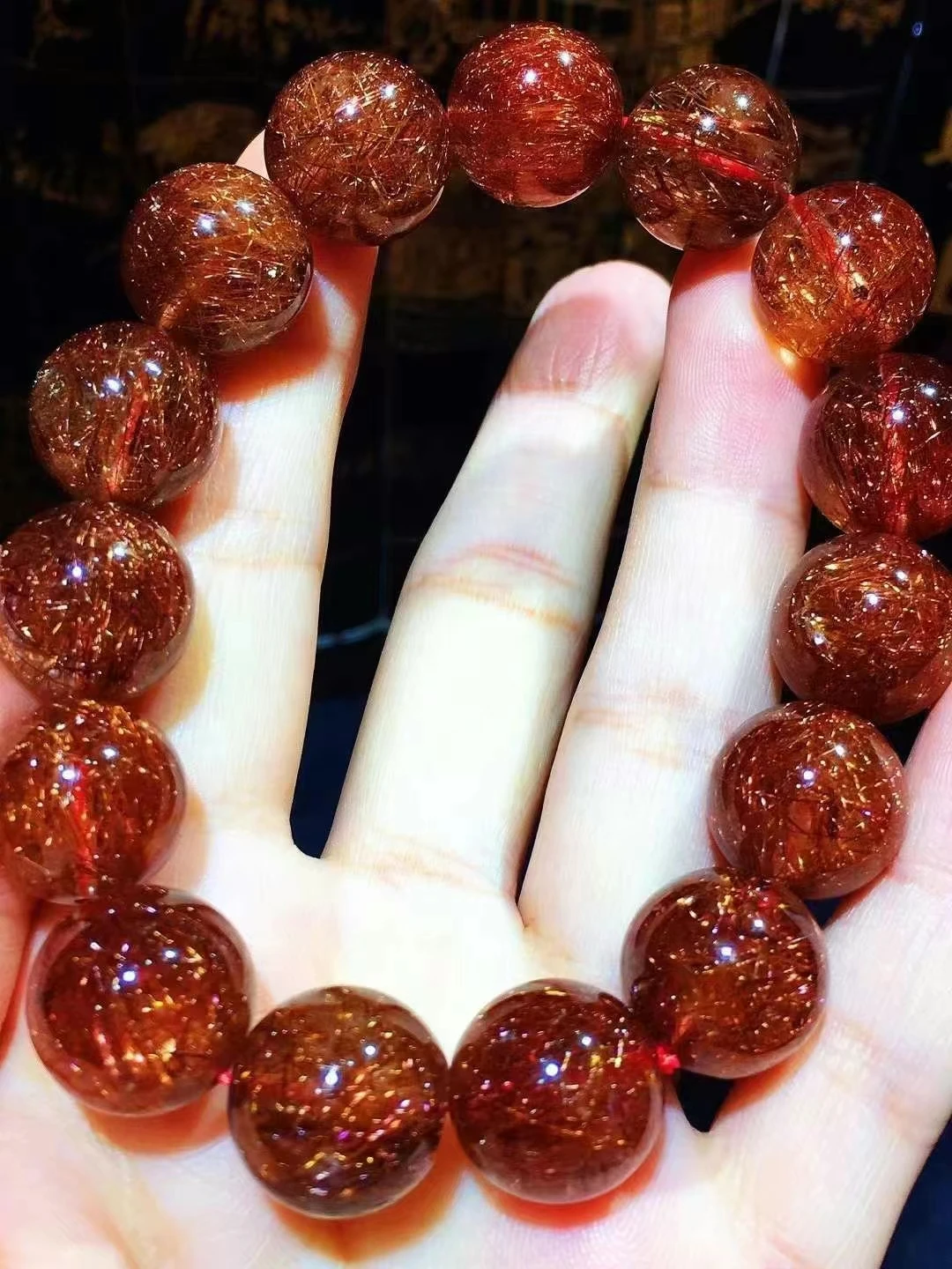 Natural Copper Red Rutilated Quartz Cat Eye Bracelet 14.3mm Big Clear Round Beads Rutilated Women Man Bracelet AAAAA