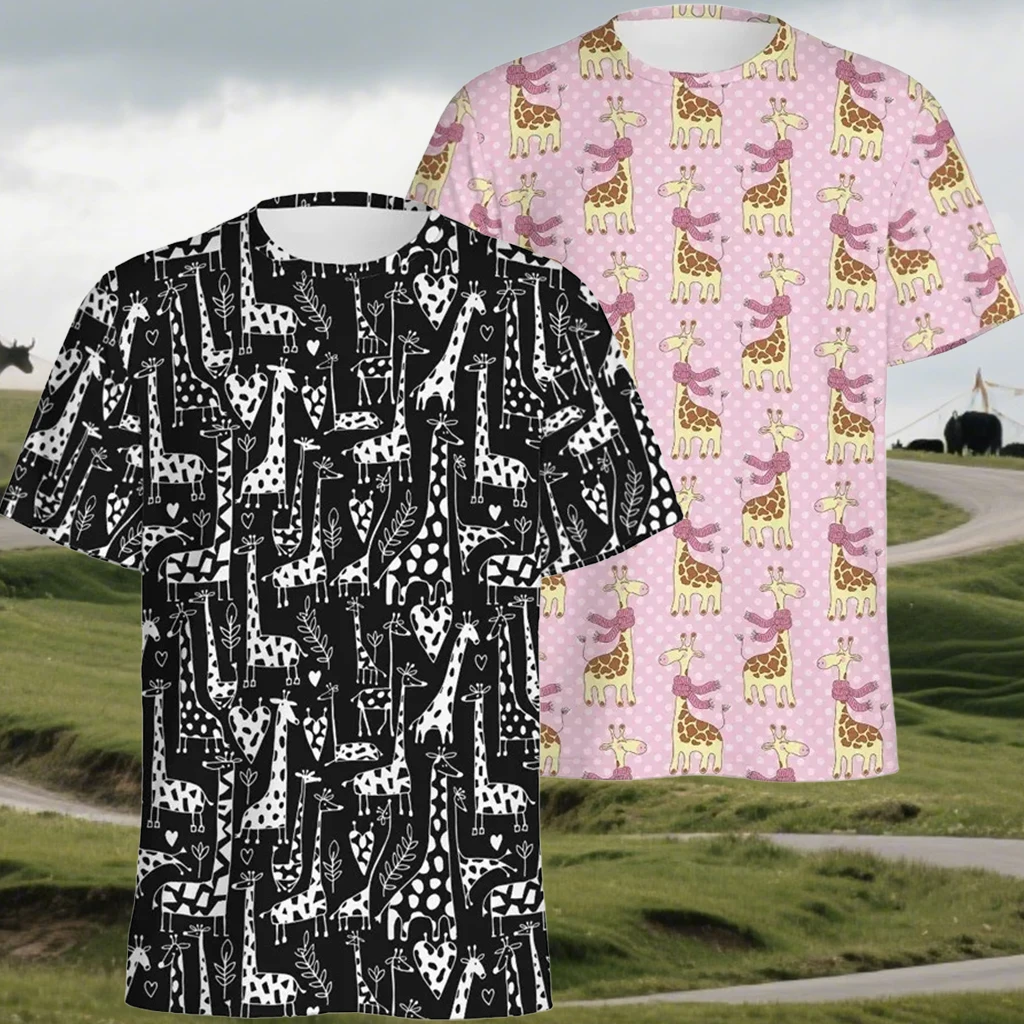 

New Quick Drying Breathable Motorcycle Top Sport Running Fitness Training Short Sleeve Fashion Giraffe Printed Round Neck Tshirt