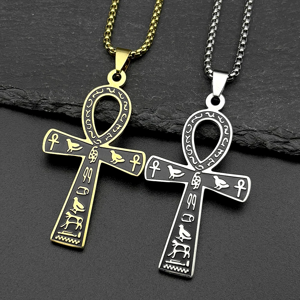 Egyptian Ankh Cross Key Of Life Pendant Necklaces for Women Men Stainless Steel Gold Color Mythology Hieroglyph Chain Jewelry