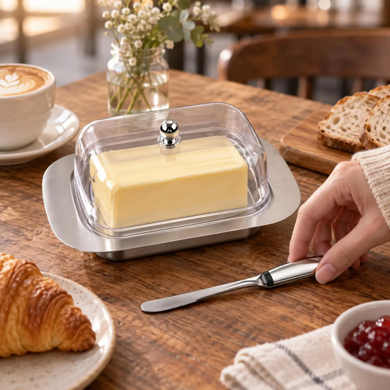 Butter Crock with Clear Lid and Spreader Knife for Serving Butter Cheese at Breakfast Table Meal