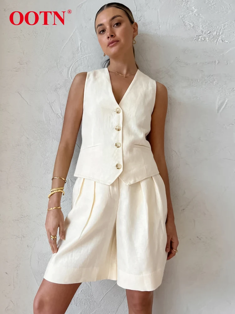 OOTN Office High Waist Shorts Suits V Neck Single Breasted Vest Two Piece Sets Spring Cotton Linen Elegant Beige Suit Women 2024