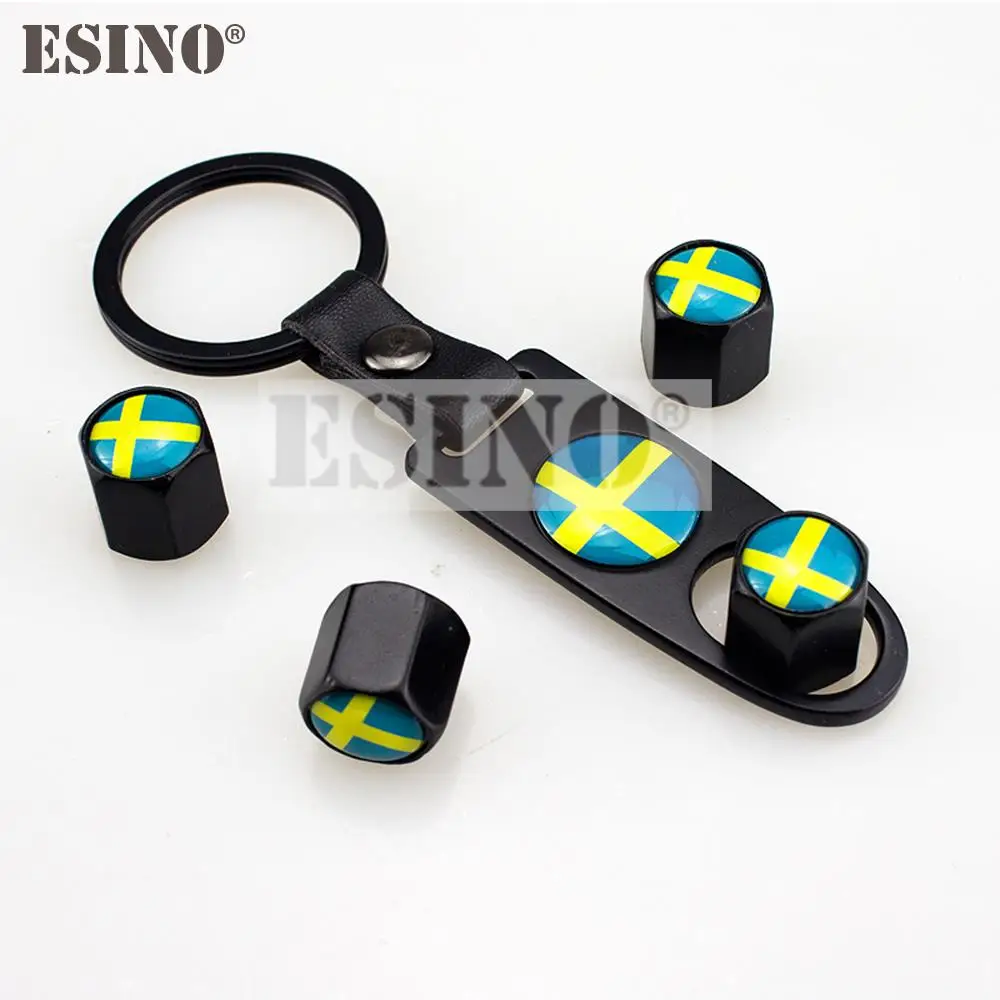 4 x Car Stainless Steel Zinc Alloy Wheel Tire Valve Stems Caps Sweden National Flag Universal With Mini Wrench Key Chain