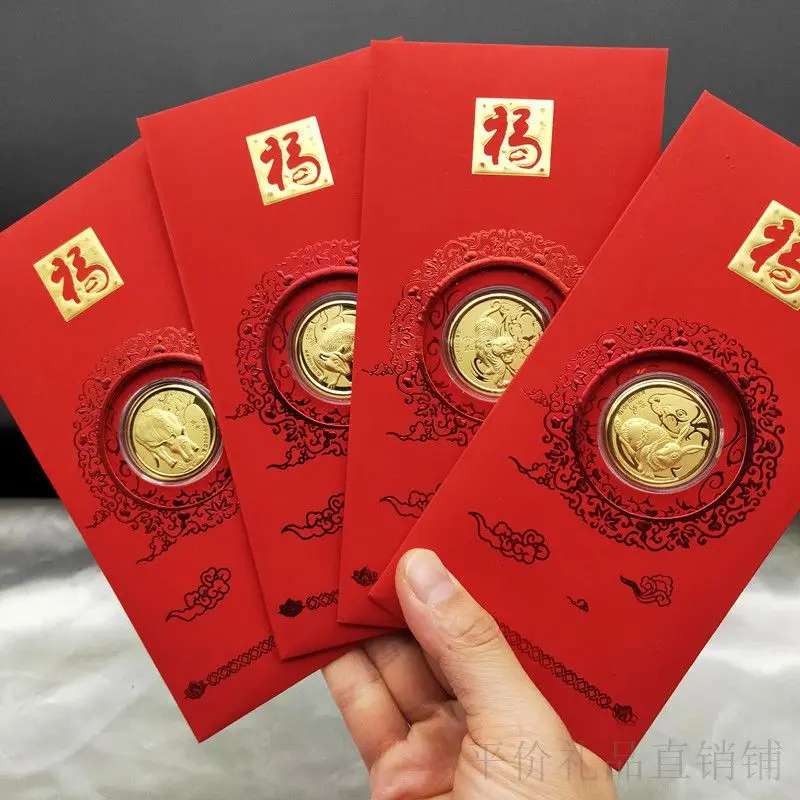 

12pcs Chinese Zodiac Shengxiao Commemorative Coin Chinese Mascot Gold Coins Red Envelope Card Collectibles Medal New Year Gifts