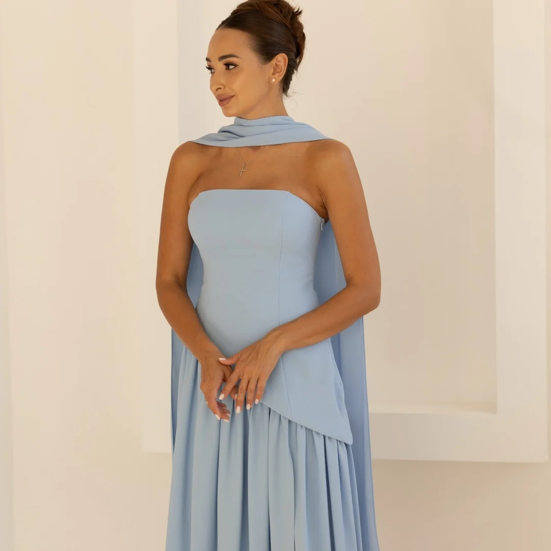 Mila Abito da donna con mantella senza spalline azzurro Abiti da ballo con orlo a fessura Abiti da sera formali personalizzati per invitati al matrimonio