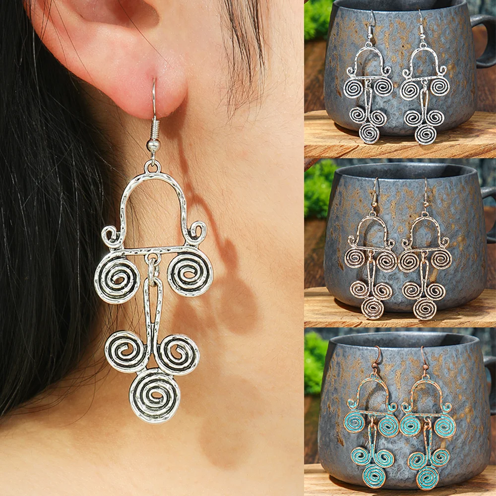 Boho Vintage Dangle Earrings Geometric Vortex Shape Antique Bronze Gold Silver Earrings Daily Wear Work Gifts Versatile